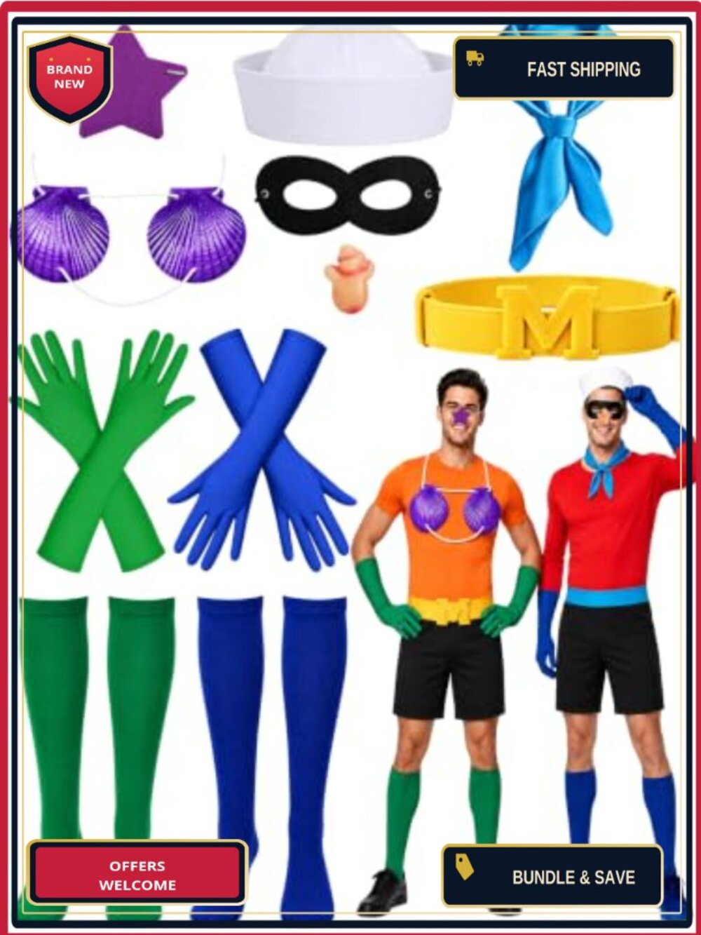11 Pc Merman Sailor Couples Costume Set Satin Nylon Cosplay Accessories